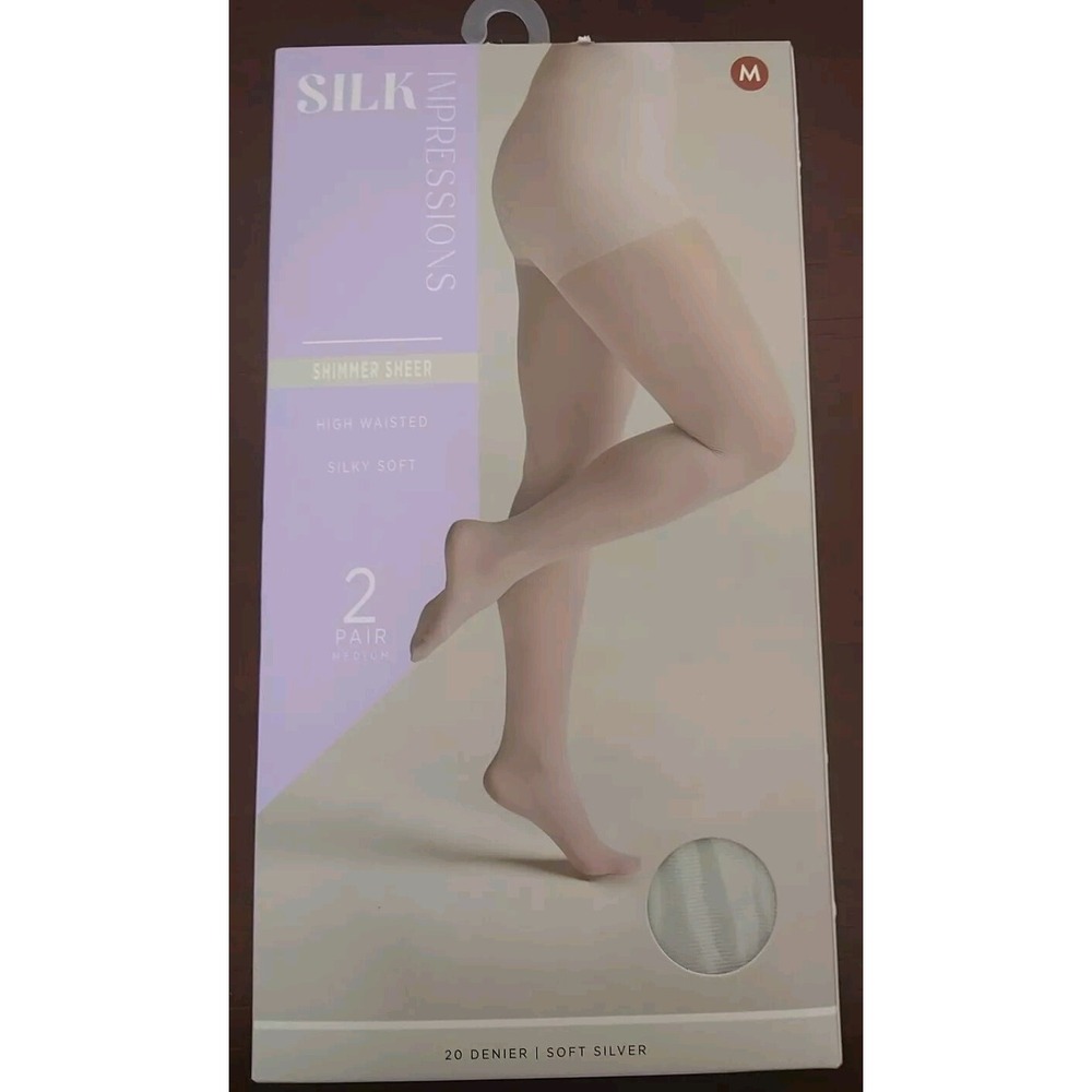 Silk Impressions Pantyhose M Silver 2-Pack Shimmer Sheer High Waisted 20 Den